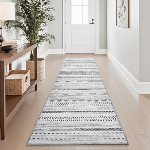 2x10 Runner Rug Machine Washable Non Slip Area Rug Distressed Neutral Moroccan Boho Rug Ultra Soft Floor Runners for Hallways for Entryway Laundry Room Kitchen, Black - color: Black, size: 2' x 10' (Runner)