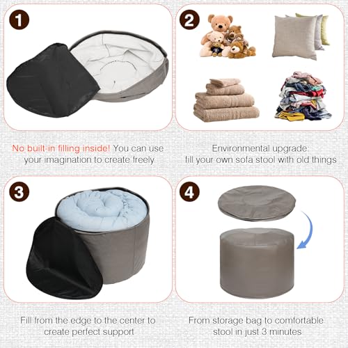 Unstuffed Ottoman Pouf Cover 20 X 15 Inch, Round Pu Leather Foot Stool, Floor Bean Bag(No Filler), Foot Rest with Storage for Living Room/Bedroom/Office, Gray - color: Grey