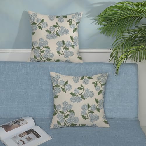 Spring Pillow Covers 18x18 Inch 2 Pcs Blue Green Hydrangea Flower Decor Throw Pillows Vintage Floral Seasonal Summer Outdoor Decoration Pillowcase Linen Cushion Cover for Couch Sofa - color: Hydrangea, size: 18" x 18" (Pack of 2)