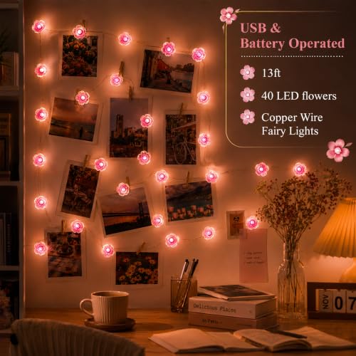 USB/Battery Operated 13ft Copper Wire 40LED Pink Cherry Blossom Fairy Light | Flower-Shaped Fairy Lights String – Indoor & Outdoor Hanging Decor for Valentine's Day, Mother's Day, Wedding Parties - color: 13ft Pink Flower Lights