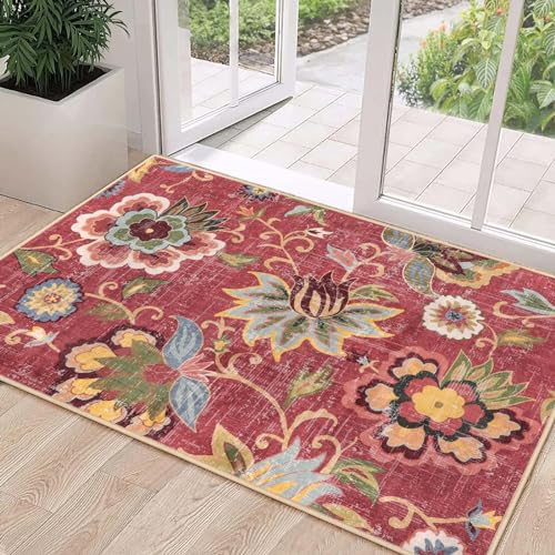 Beeiva Floral 3x5 Washable Rug Non Slip, Red Small Vintage Washable Rugs for Entryway, Ultra Thin Paisley Red Lightweight Entryway Carpet for Bathroom Kitchen Bedroom Office Christmas - color: Red, size: 3' x 5' (Rectangular)