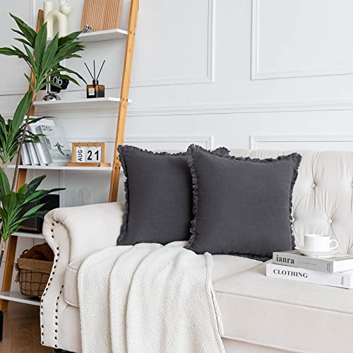 AmHoo Pack of 2 Linen Pillow Covers with Tassels Fringed Decorative Rustic Natural Throw Pillowcase Cushion for Couch Sofa Bedroom 18 x 18-Inch Dark Grey - color: Dark Grey, size: 18" x 18" (Pack of 2)