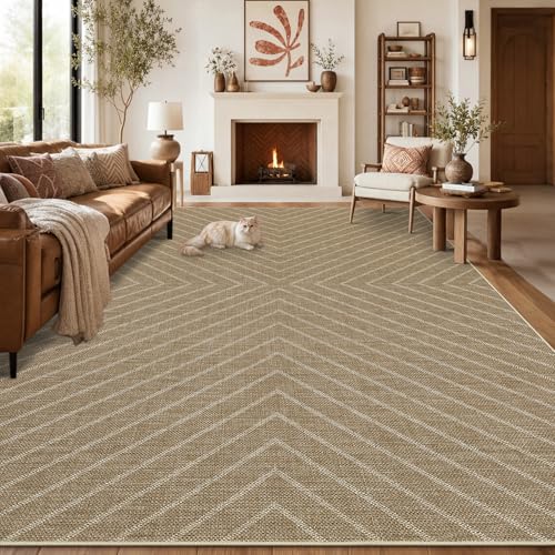 Garvee Washable Easy Jute Living Room Rug - Striped Outdoor Rugs 9x12 for Patio, Large Farmhouse Indoor Outdoor Carpet, Non Slip Low Pile Stain Resistant Carpet for Bedroom Dining Room 9'x12' - color: Striped|jute, size: 9' x 12' (Rectangular)
