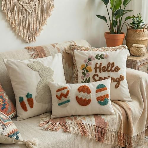 Hello Spring Tufted Pillow Cover with Embroidered Wild Flowers, Textured Floral Botanical Canvas Throw Pillow Case for Boho Easter Family Welcoming Decoration, 18x18 inches, 1PCS (Cover Only) - color: Hello Spring, size: 18" x 18" (Pack of 1)
