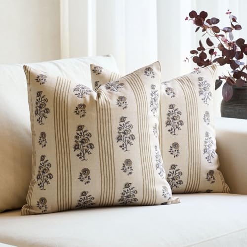Amor Virisso Floral Throw Pillow Covers 20x20 Set of 2 Block Print Pillow Covers Neutral Floral Striped Farmhouse Decorative Pillow Covers for Sofa Couch Bed, Yellow - color: Yellow, size: 20" x 20" (Pack of 2)