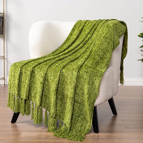 PAVILIA Olive Green Chenille Throw Blanket for Couch Sofa, Soft Olive Knit Throw with Tassel, Decorative Blanket for Bed Chair Living Room, Olive Green 50x60 - color: Olive, size: 50 X 60 Inches - Throw