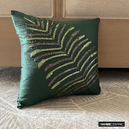 HomeCentric Decorative Dark Green 16x16 inch Silk Throw Cushion - Tropical Designer with Floating Leaf Pattern - color: 3. Dark Green (Floating Leaf), size: 16" x 16" (Pack of 1)