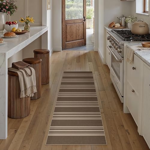 PureCozy Striped Easy Jute 2x6 Kitchen Runner Rug Brown Washable Carpet for Hallway Non Slip Farmhouse Neutral Non Shedding Indoor Outdoor Long Rug Bathroom Bedroom Laundry Entryway - color: Brown/Striped, size: 2' x 6' (Runner)