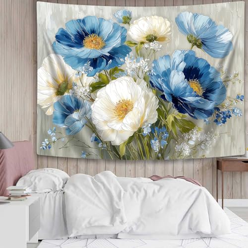 DYNH Blue White Floral Tapestry,Natural Aesthetics Elegant Tapestrie,Modern Flower Painting Wall Hanging,Watercolor Aesthetic Art Decor for Bedroom Living Room Dorm,60X50 In - color: Blue White, size: 60"L x 50"W
