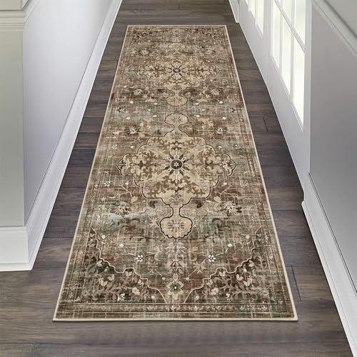 Pauwer Boho Hallway Runner Rug 2x6 Washable Entryway Area Rugs Non Slip Farmhouse Vintage Floor Mat Carpet Runner for Hallways Laundry Room Kitchen Bathroom Bedroom - color: Green and Brown, size: 2' x 6' (Runner)
