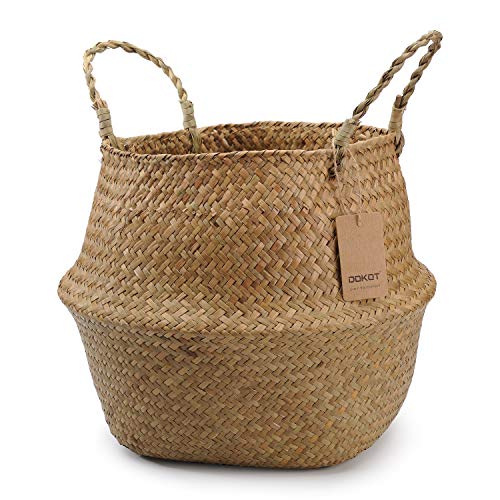 DOKOT Seagrass Plant Basket with Handles, Woven Storage Basket, 7inch Diameter x 8inch Height - size: S(7“ D x 8" H)