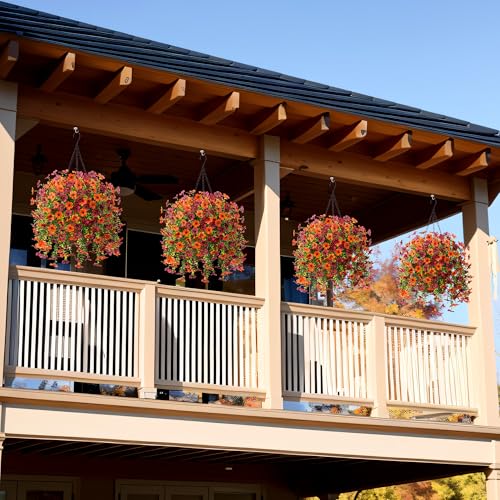 Ammyoo Artificial Fake Hanging Flowers Plants with Basket for Outdoor Decor, Fake Mums Plants No Fade Plastic Faux Silk Daisy Flowers Decoration for Outside Garden Porch Patio(Yellow Brown) - color: Gyellow Brown