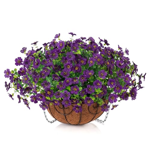 HyeFlora Artificial Fake Hanging Plants Flowers with Basket Outdoor Decor Faux Silk Dasiy Flower Arrangements in Pot Planter for Porch Home Indoor Patio Garden Yard Decoration - color: Darkpurple