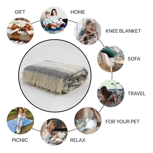 | Wool Blanket/Throw | 100% New Zealand Wool | Perfect for Home and Outdoors | Virgin Wool Throw with Fringes 75"x87" (190 x 220 cm) - color: Blue/Gray/Milky, size: Full