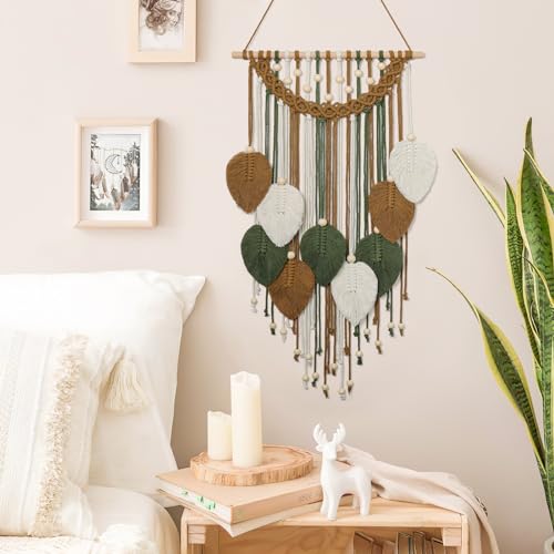 Weldomcor Macrame Wall Hanging Boho Leaf Woven Tapestry, Bohemian Chic Home Decor Modern Handmade Leaves Feather Wall Art Decorations for Bedroom Living Room Apartment Ornament 16.5"W X 31.5"L (Brown) - color: Brown