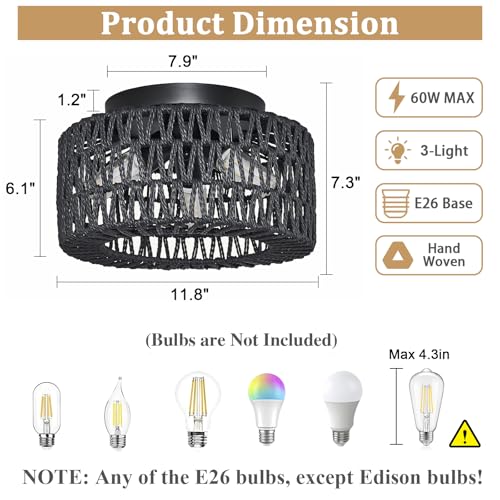Rattan Light Fixtures Ceiling Mount, 3-Lights Boho Flush Mount Ceiling Light, Hand-Woven Cage Shade Lamp Lighting, Rustic Rattan Chandelier for Hallway Bedroom Kitchen Farmhouse Foyer Entryway (Black) - color: Black, size: Small