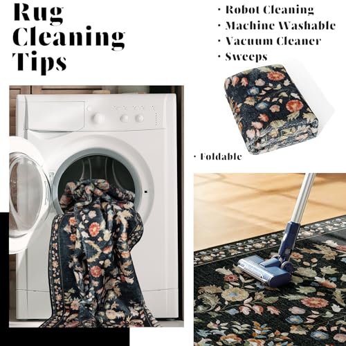 MUJOO 3x5 Rug Washable,Black Floral Area Rugs for Bedroom Bedside Entryway Living Room Kitchen,Floral Boho Small Indoor Floor Rug Non Slip Throw Carpet Low Pile Vintage - color: Black, size: 3' x 5' (Rectangular)