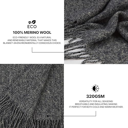 Merino Wool Throw Blanket, Indoor & Outdoor Blankets and Throws, Soft Blanket with Fringes, 65"x79" (170 x 200 cm) - color: Charcoal Blue, size: Queen (U.K. Standard)