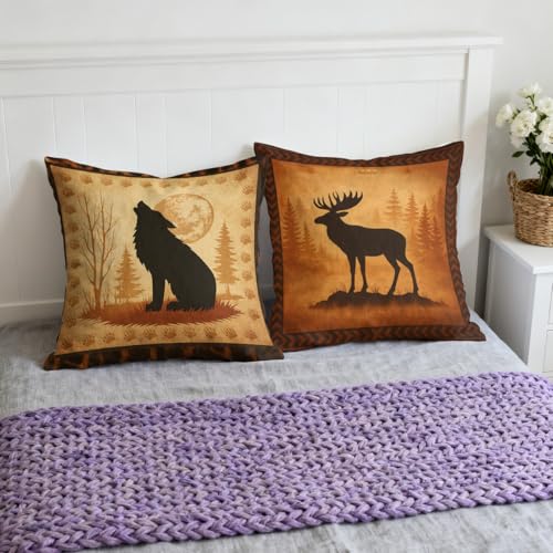 Wildlife Throw Pillow Covers 18x18 Set of 4, Rustic Deer Moose Bear Wolf Forest Silhouette Pillowcase Decoration Cushion Cover for Bed Sofa Living Room - color: Wildlife