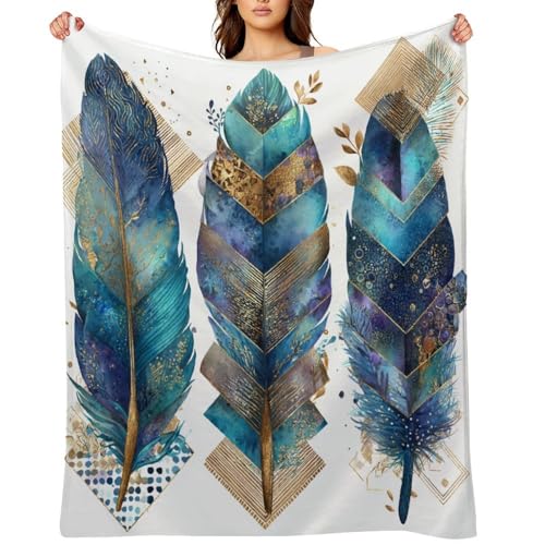 Blanket Bohemian Feather Leaf Throw Blanket for Women Men, 30"x40" Vintage Gold Geometry Plush Flannel Throws, Decor for Bed Couch Bedroom - color: Bohemian Feather Leaf, size: 30"x40"