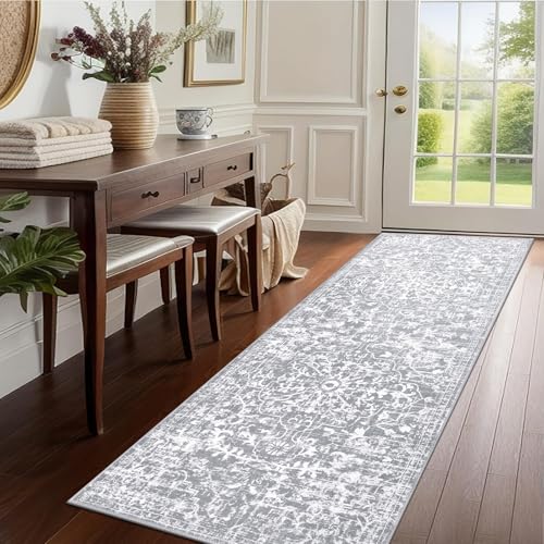 Pauwer Boho Hallway Runner Rug 2x6 Washable Entryway Area Rugs Non Slip Farmhouse Vintage Floor Mat Carpet Runner for Hallways Laundry Room Kitchen Bathroom Bedroom - color: Grey White, size: 2' x 6' (Runner)
