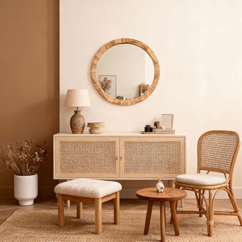 28'' Round Mirror with Irregular Twisted Rattan Frame, Boho Wall Mirror for Bedroom Living Room Entryway Decor (Natural Rattan)