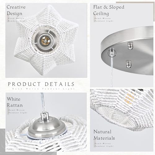 12" Boho White 3-Light Boho Chandeliers for Kitchen Island Hand-Woven Boho Rattan Chandeliers Dimmable Adjustable Hanging Wicker Chandelier for Dining Room Living Room （Bulb Incl.） - color: 11.8" White 3-Light