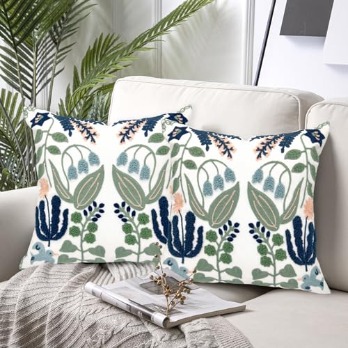 Alysheer Floral Embroidered Spring Decorative Throw Pillow Covers 20"x 20" Set of 2, Farmhouse Cottage Navy Blue Green Flowers Leaves Knit Pattern Cotton Canvas Cushion Case for Couch Bed Living Room - color: - Blue Green, size: 20" x 20" (Pack of 2)