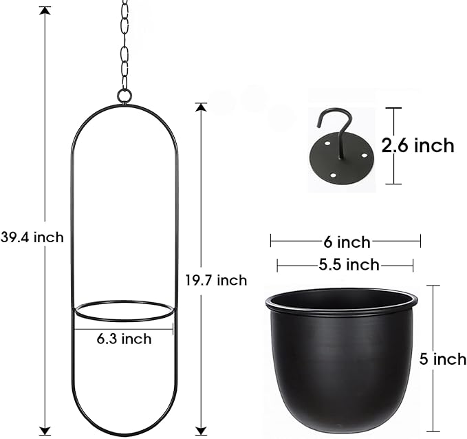 Shineloha 2 Pack Hanging Planters for Indoor Plants with 5.5" Pot + Ceiling Hook | Black Hanging Planter, Metal Plant Hanger, NO Plant incld