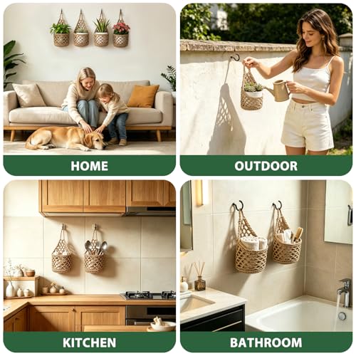 4 PCS 5-Inch Macrame Wall Plant Hangers, Small Wall Hanging Plant Holder with Hooks, Natural Cotton Rope Hanger for Indoor Plants & Daily Storage, Boho Home Decor