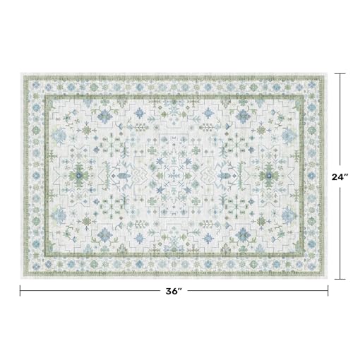 Washable Boho Bathroom Rug 2x3 - Small Throw Area Rugs for Powder Room, Laundry, Kitchen, Blue and Green Oushak Modern Eclectic Geometric Floral Pastel Decor, Low Pile Non-Slip Stain Resistant - color: Cream Green, size: 2' x 3' (Rectangular)