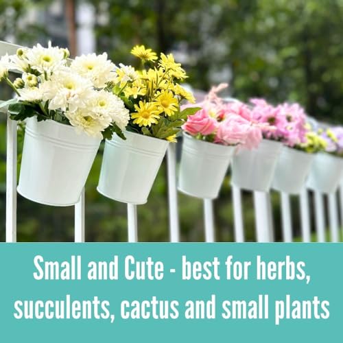 LaLaGreen Hanging Planters - 10 Pack, 4 Inch Balcony Railing Hanging Herb Garden Wall White Metal Bucket Fence Planter for Outdoor Plants Flower Pot Deck Rail Porch Window Box Hooks Macetas Colgante - size: 4 Inch (White)