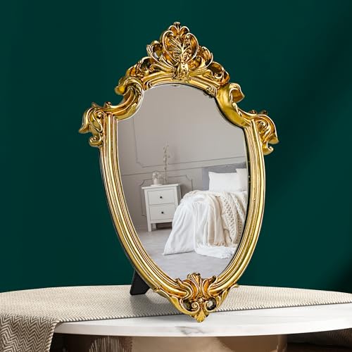97 Decor Decorative Gold Wall Mirror Vintage Decor - Small Antique Mirror for Table Top and Wall Mounting, Ornate Vintage Mirrors Frame for Home, Bedroom, Makeup Room (11.6x9 Inch) - color: Royal Shield