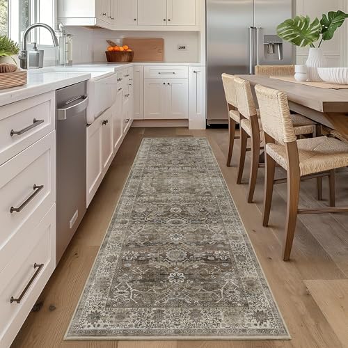 2x6 Runner Rug Grey Brown Vintage Washable Runner Rugs for Hallway Kitchen Low Pile Non-Slip Retro Distressed Accent Throw Carpet for Entryway Bathroom Bedroom Antique/Moss - color: Brown Grey, size: 2'*6'(Runner)