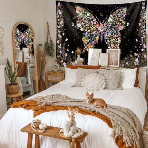 Damanse Butterfly Tapestry Wall Hanging Cute,Boho Wall Tapestry for Bedroom Aesthetic,Flower Living Room Decor for Teen Girls (Black, 59.80" x 78.70") - color: Black, size: 78.7"L x 59.8"W