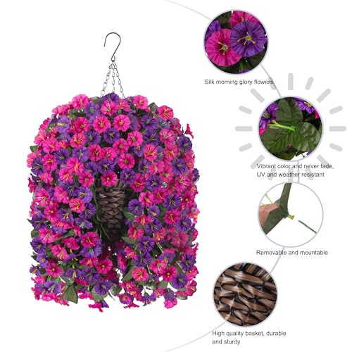 Artificial Fake Flowers Plants Hanging Baskets for Outdoor Outside, Faux Silk Hanging Dark Purple and Fuchsia Morning Glory Trailing Vines UV Resistant Look Real for Porch Patio Home Decoration - color: Dark Purple+fuchsia