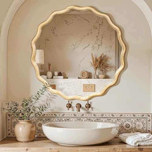 Circle Wood Mirrors for Wall, Wavy Round Bathroom Scalloped Mirror Wooden Frame 28 Inch for Living Room Farmhouse Bedroom Hallway Entryway Living Room with Shatterproof Glass Wall Mounted - size: 28"L x 28"W
