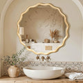 Circle Wood Mirrors for Wall, Wavy Round Bathroom Scalloped Mirror Wooden Frame 28 Inch for Living Room Farmhouse Bedroom Hallway Entryway Living Room with Shatterproof Glass Wall Mounted - size: 28"L x 28"W