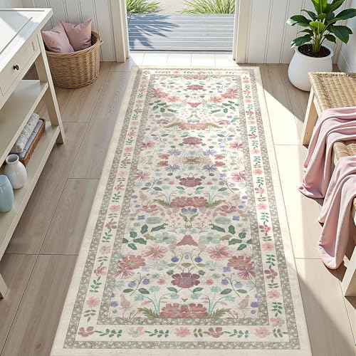 Deerly Floral Runner Rug 2x6 for Kitchen Hallway Bedroom Vintage Boho Washable Bathroom Runner Rugs Non-Slip Soft Low Pile Thin Indoor Carpet for Laundry Room Farmhouse Rug, Beige/Light Pink/Multi - color: Beige/Light Pink/Multi, size: 2' x 6' (Runner)