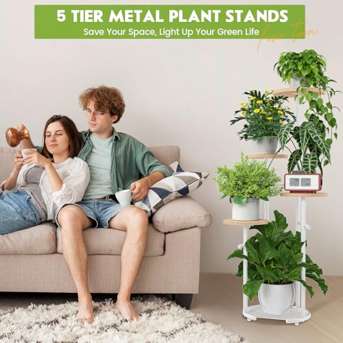 TOSKING 5-Tier Thickened Metal Plant Stand, Anti-Tip Round Base for Pots, Child & Pet Friendly, Corner Shelf Flower Pot for Multiple Plants, Indoor Outdoor Use for Living Room Balcony Patio Garden (White and Wood, 42in) - color: White and Wood, size: 5tie