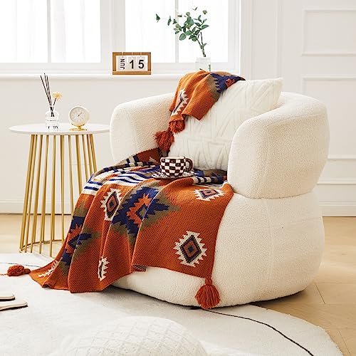 AIVIA Southwestern Chair Throw Blankets, Acrylic Knitted Southwest Tribal Bed Couch Sofa Blanket, Native American 2025 Ideal for Mom Dad Women Grandma Wife Daughter Sister - color: Rusted Brown Navy White, size: 50”x60”