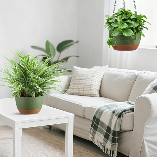 Set of 2 Hanging Planters for Indoor Outdoor Plants, 8 Inch Self-Watering Hanging Flower Pots with Drainage Hole & Removable Water-Storage Tray (Hooks) - color: Green, size: 8 Inch (S)