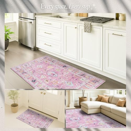 Fame Rugs Pink Modern Oushak Rug 5x7, Washable Vintage Turkish Colorful Oriental Antique Inspired Area Rugs, Luxury Living Room Bedroom (995PP, 5' x 7') - color: 995pp, size: 5' x 7' (Rectangular)