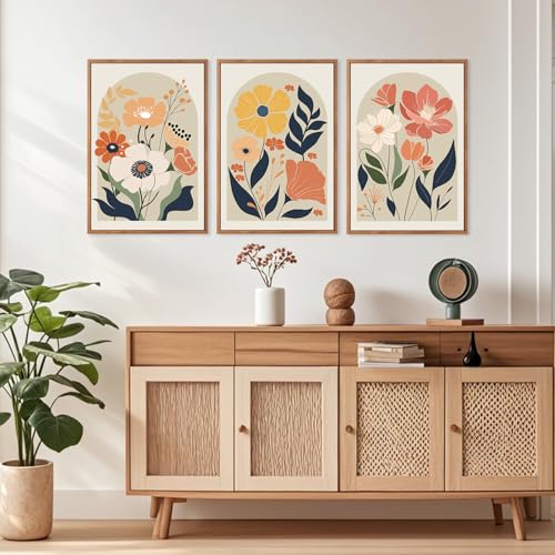 KAIRNE Boho Canvas Wall Art,Abstract Floral Wall Decor,Modern Minimalist Prints Set of 3(16”X24”),Botanical Wall Art Paintings,Bohemian Mid Century Artwork for Living Room Bedroom Office Decor,Framed - color: Abstract Boho Flower(medium), size: 16"Lx24"W