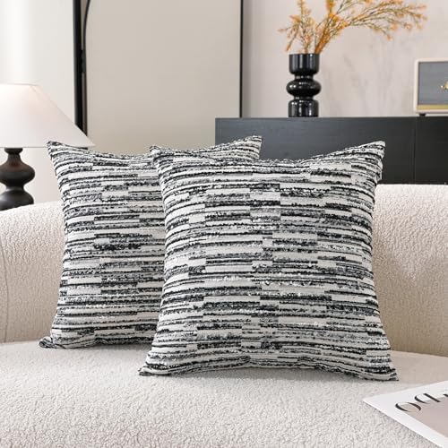 Striped Throw Pillow Covers 18x18 Set of 2 Black Textured Boucle Chic Morden Boho Accent Farmhouse Decorative Chenille Pillow Covers for Home Decor Bed Sofa Living Room - color: Black, size: 18" x 18" (Pack of 2)