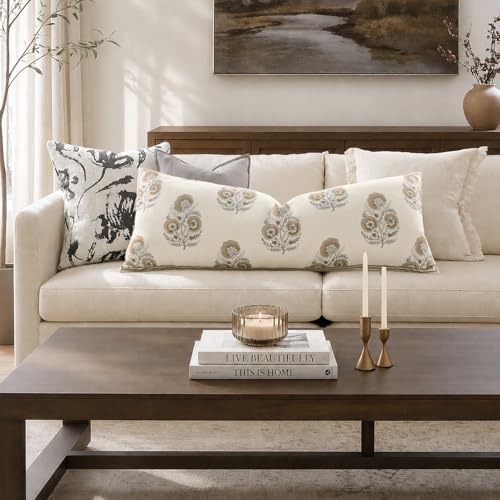 Vintage Floral 12x20 Lumbar Pillow Cover Pack of 1, Double-Sided Botanical Print Decorative Throw Pillow Cover Farmhouse Neutral Cushion Cover for Sofa Couch Living Bed Room, Light Brown(Cover Only) - color: Light Brown, size: 20" x 12" (Pack of 1)