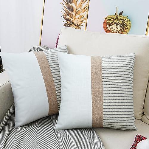 JASEN Farmhouse Pillow Covers 18x18, Modern Accent Square Throw Pillow Covers Set of 2, Grey and Beige Striped Patchwork Decorative Pillow Case for Sofa Couch Chair Bedroom - color: Grey, size: 18" x 18" (Pack of 2)