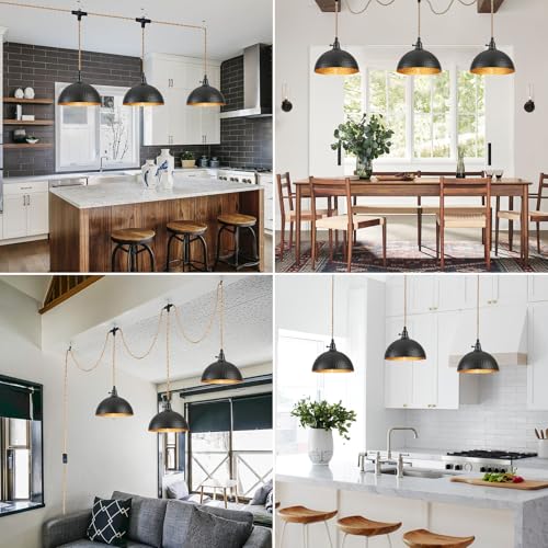 3 Light Plug in Pendant Lights Hammered Dome Hanging Lamp with Switch 22 Ft Long Hemp Rope Farmhouse Pndant Light Cord Lighting Fixture DIY Hanging Light - color: C 3 Lights