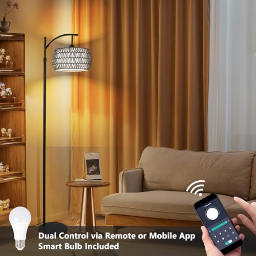 Arc Floor Lamp for Bedroom, Boho Standing Lamp with Remote & LED Smart Bulb, Rattan Floor Lamps for Living Room with 3 Color Temperatures, Height Adjustable Corner Tall Lamp, Stand up Light for Office - style: Bohemian-Grey