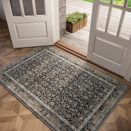Washable 3x5 Entryway Rug, Boho Non-Slip Vintage Distress Small Rugs for Kitchen Nursery Office Bedroom, 0.3" Neutral Oriental Throw Thin Carpet with Cushioning Pad, Black/Blue/Multi,A1 - color: Black/Blue/Multi, size: 3' x 5' (Rectangular)